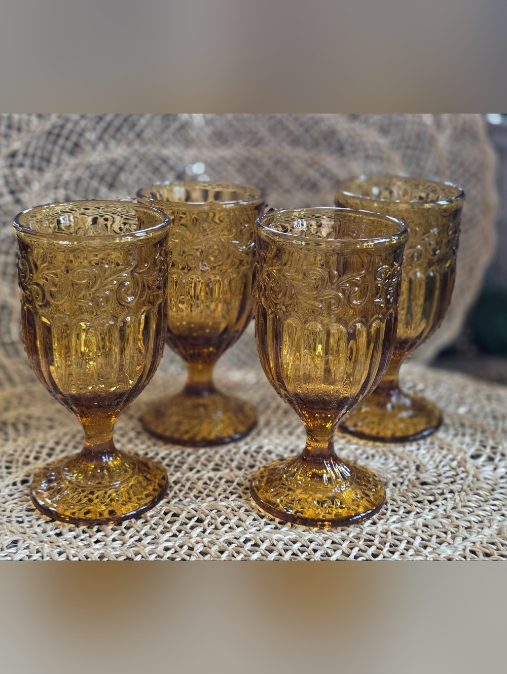 Amber Pressed Glass Goblets - Elegant Home Dining Set